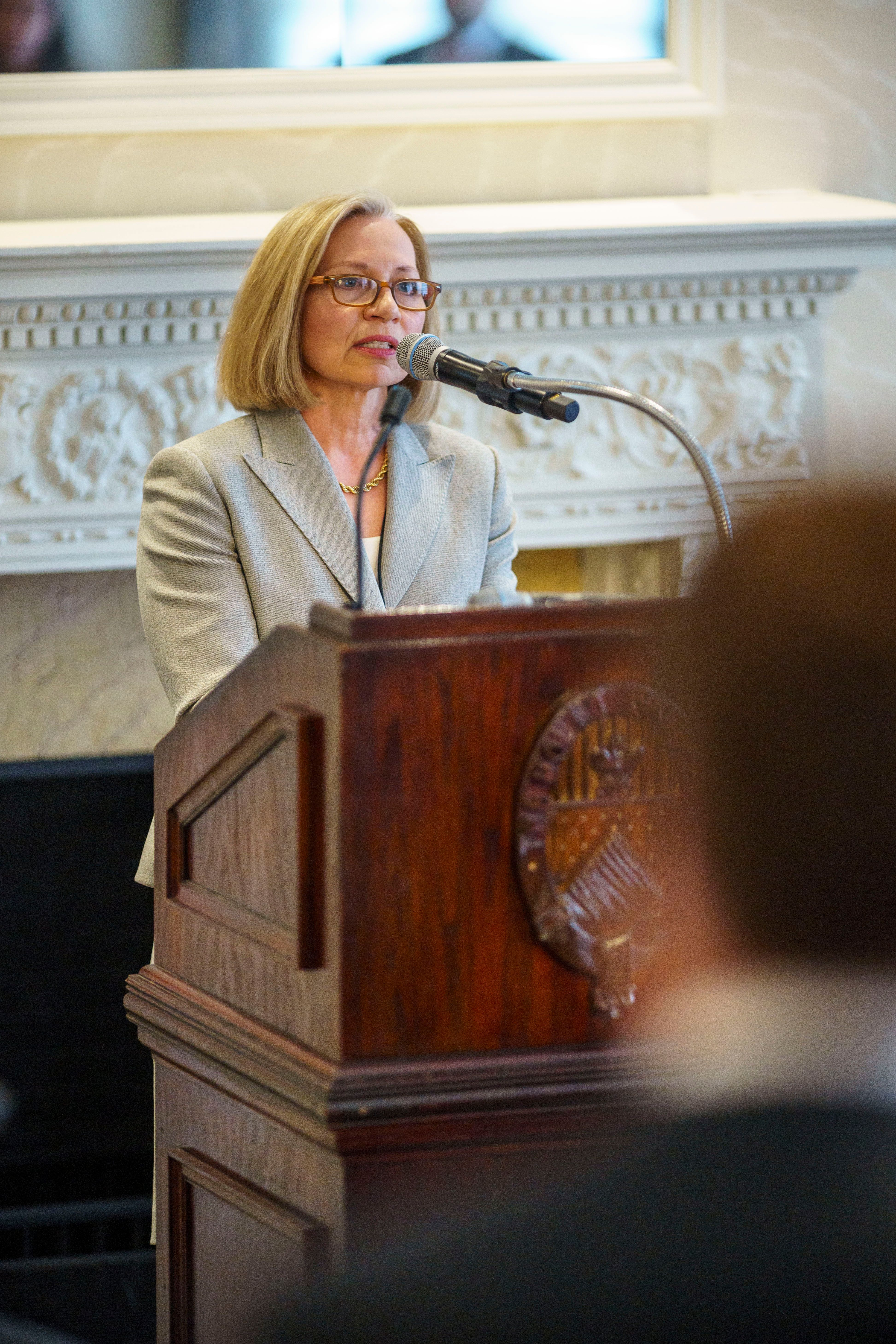 Picture depicting Dr. Cristine De Clercy speaking at a Jarislowsky event