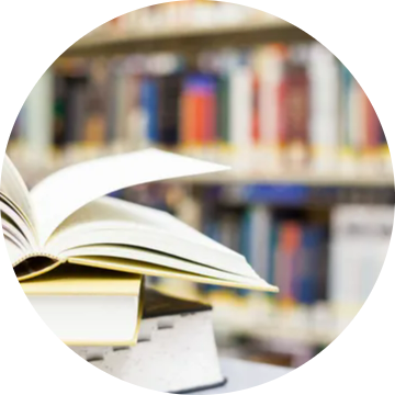 An open book in a library.